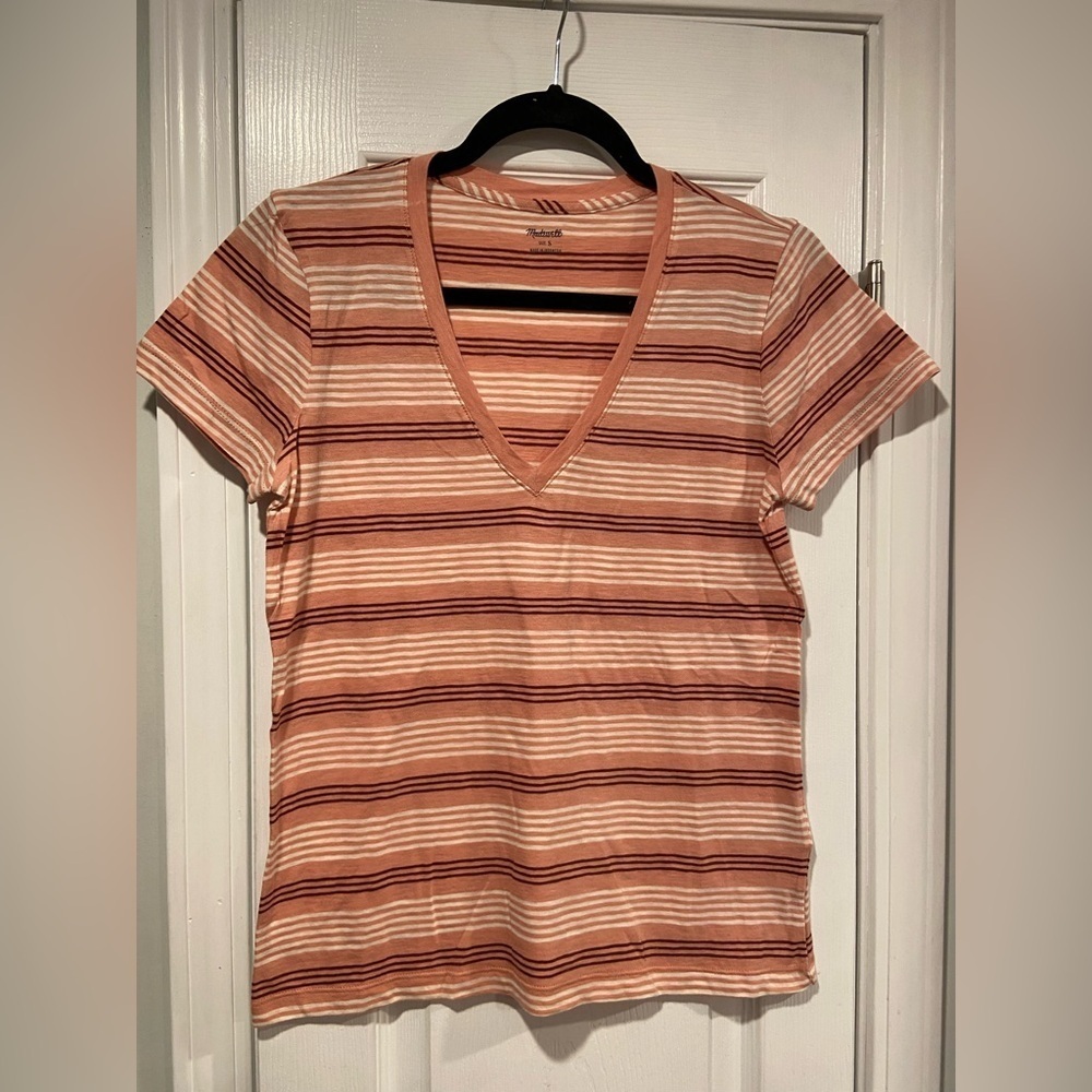 NWOT Madewell Size S Burgundy Pink Striped V Neck Short Sleeve Cotton Tee Shirt